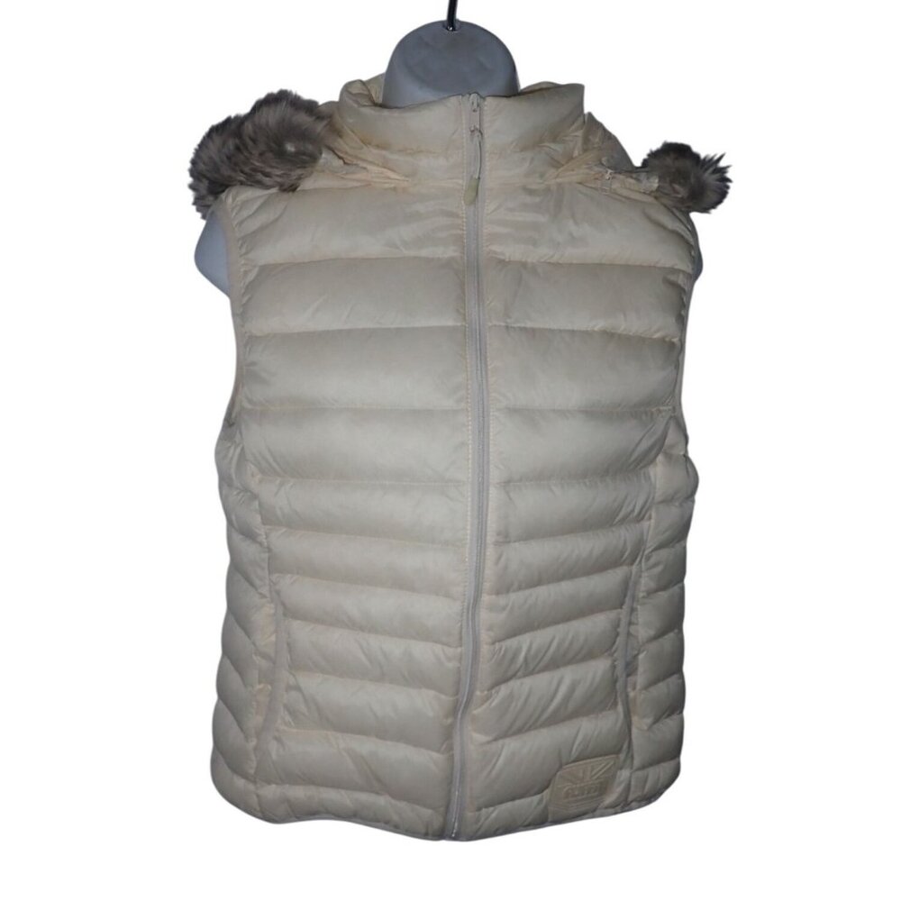 Puffa  XL cream Puffer Vest Detachable Fur Trim Hood Zip‎ Vintage waistcoat
